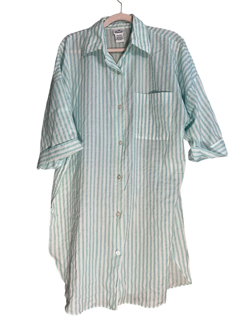 Carole Striped Night Shirt Dress Large Mint Green White Button Front Nightgown